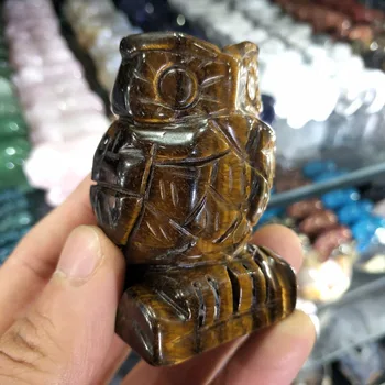 

60MM Tiger Eye Owl Figurine Natural Stone Miniatures Handmade Carved Mini Animal Statue Healing Home Decoration Accessories