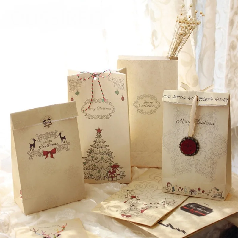 

6Pcs Kraft Paper Bag Merry Christmas Gift Bags Lovely Cookies Present Gift Bag Luxury Wedding Paper Bag With Sealing Sticker Set