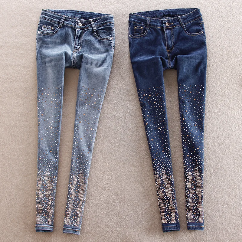 

Brand Women High Street Hot drilling Fashion Denim Jeans Female Skinny Slim Pencil Pants Casual Stretch Rhinestones Diamond