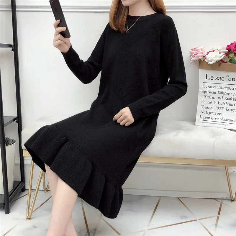 chic Winter Black Sweater Dress Women O-neck Long Sleeve Mid-Calf thick Knit Dress bodycon female slim girl short dress