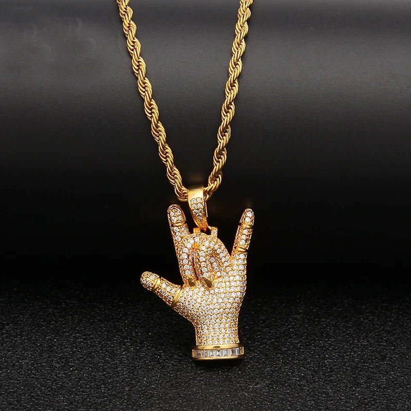 Goede Hip Hop Volledige AAA CZ Zirkoon Verharde Bling Iced Out Liefde U Gebaar Hangers Ketting voor Mannen Rapper Sieraden Goud zilveren Gift