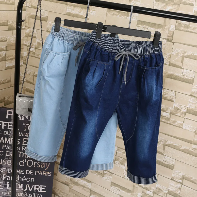 Plus Size 4XL Summer High Waist Jeans Woman Capris Lace Up
