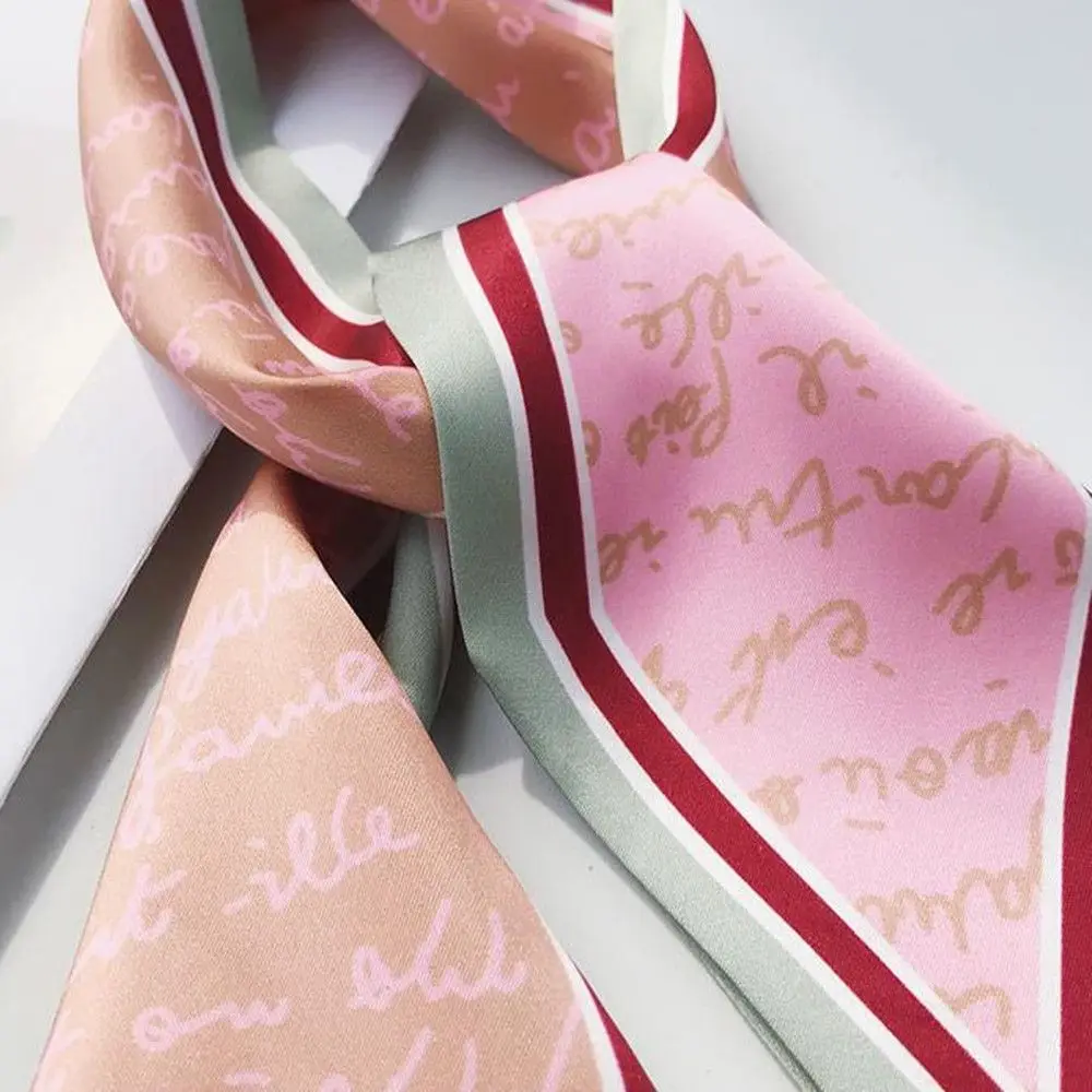 Girls Elegant Scarf Letters Print Solid Color Silk Scarf Small Bag Ribbon Female Winter Hair Band Handbag Scarve Ornament Turban