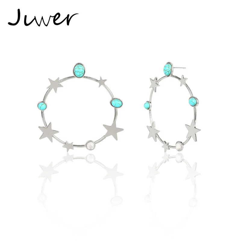 JLWER Jewelry Silver Gold Blue Stone Big Circle Round Hoop Earrings Basketball Creole Five pointed Star Stud for Women | Украшения и