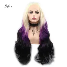 Sylvia длинные Омбре парики черный до фиолетовый/черный Омбре Синтетические Кружева передние парики термостойкие волокна волос для женщин парики часть