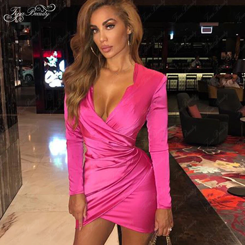 

2019 Summer Celebrity Style Fushia Gathered Tux Wrap Stretch Satin Dress long sleeve Flattering Waist cinching wrap open front
