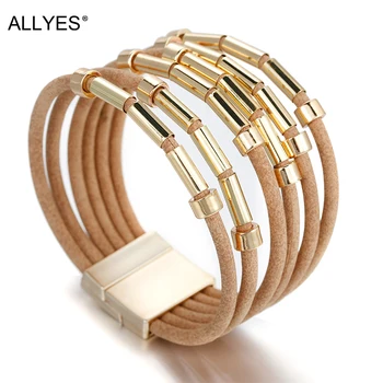 

ALLYES Boho Multilayer Leather Bracelets For Women Metal Charm Ladies Wide Wrap Bracelet Femme Jewelry Girlfriend Gift