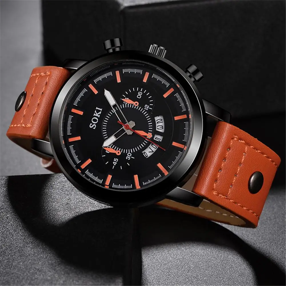 

Sports Men Round Dial Calendar Faux Leather Strap Quartz Analog Wrist Watch