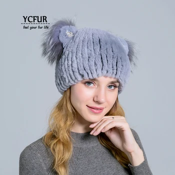 

YCFUR Cute Girls Hats Caps Winter Warm Sew Strips Rex Rabbit Fur Beanies Hats Female Cat Ears Hat Cap Women