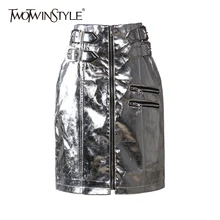 TWOTWIN стильная женская прямая юбка из искусственной кожи на молнии с высокой талией, мини-юбки для женщин, модная уличная стильная одежда, новинка