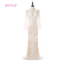 Шампань Формальные платья знаменитостей Русалка с длинными рукавами кружева прозрачные длинные вечерние платья знаменитые платья для красной дорожки