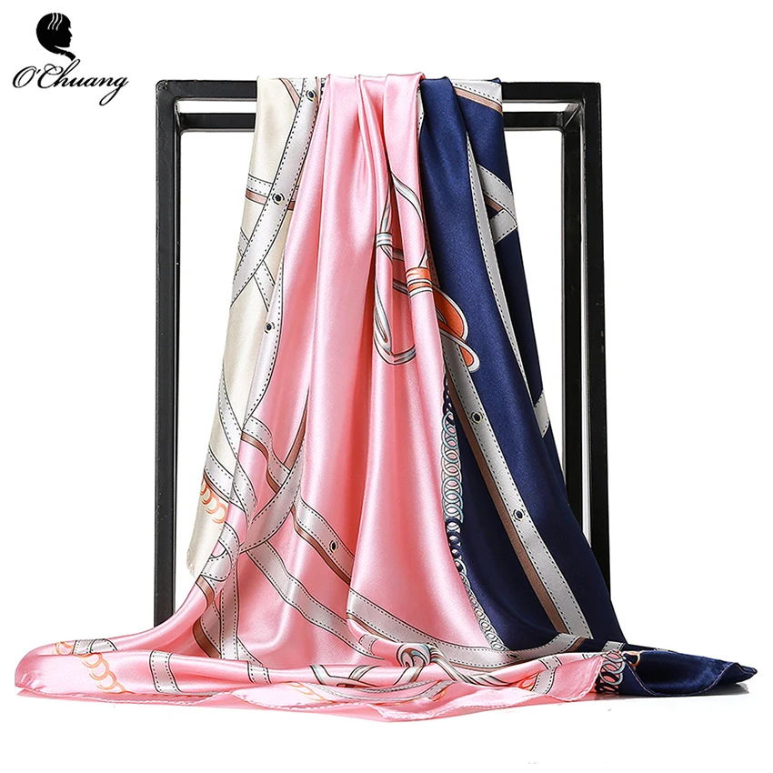 Квадратный шелковый шарф 90*90 см, женский роскошный бренд, Цветочный платок, шаль, большая бандана, хиджаб, атласные шелковые шарфы, шаль