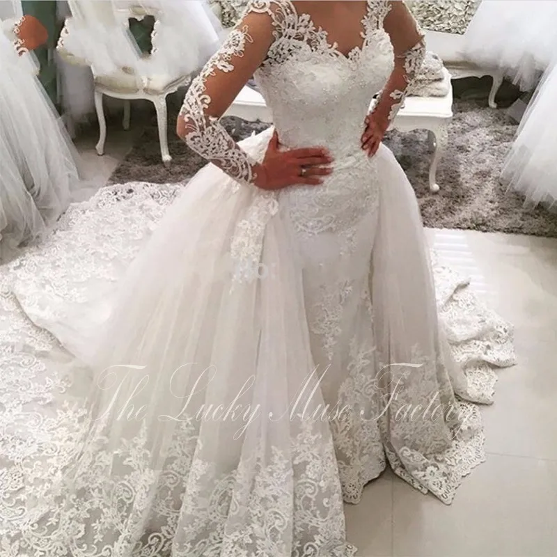 

Detachable Skirt Wedding Dress 2019 Sexy Lace Dheer Long Sleeve Muslim Vestido De Noiva Mermaid Bridal Dresses Removable Train