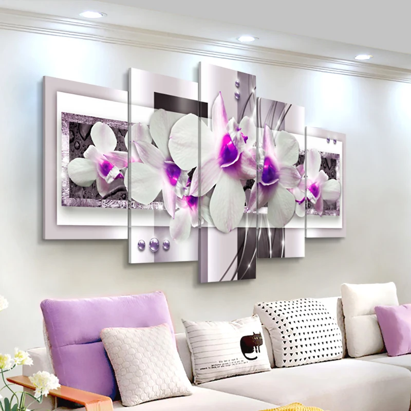

Modern Canvas Painting 5 Panel Combined Flowers Posters and Prints Purple Orchids Canvas Printings Wall Pictures for Living Room