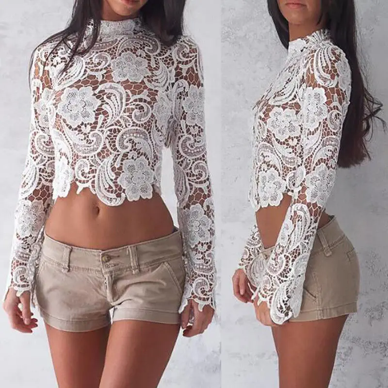 

New Fashion Women T-shirt Sexy Ladies Long Sleeve Clothes Lace T-Shirt Hollow Out Top Womens White Tees Female Zipper Crop Tops