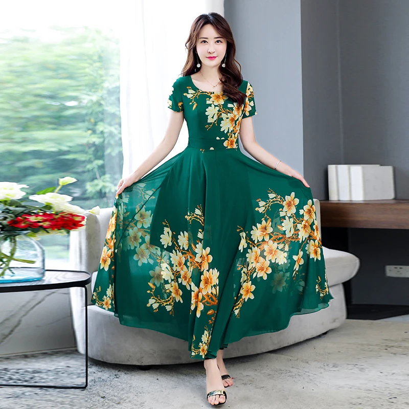 Red Black Green Summer Dress Office Lady Vestidos Women Floral Print Temperament Long Chiffon Dresses | Женская одежда