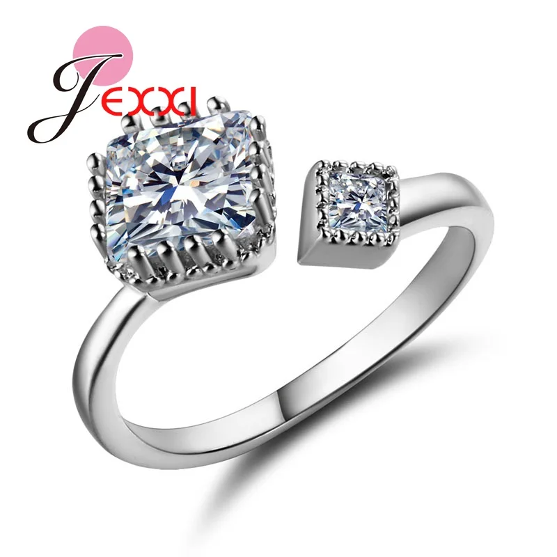 

JEXXI Fashion Square Cut White Crystal Zirconia Adjustable Promise Ring Women Wedding Propose Rings 925 Sterling Silver Jewelry