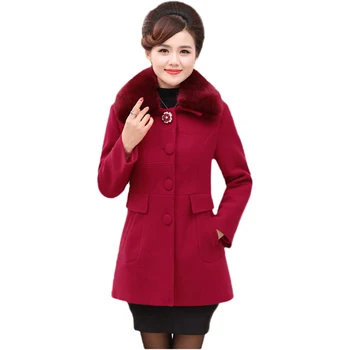 

Autumn mid long woolen jacket middle-aged women large size L-5XL Fur collar coat Single-breasted Loose Female Woolen coat DT0295