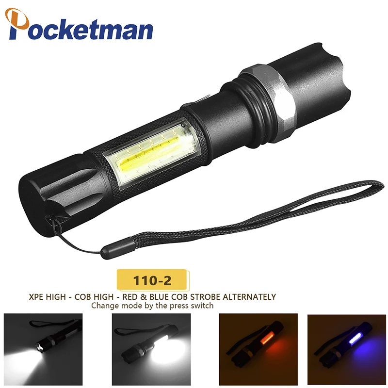 

4 Modes +3 Modes COB flashlight Zoomable USB charge Aluminum Alloy Fash light Red or Blue light z40