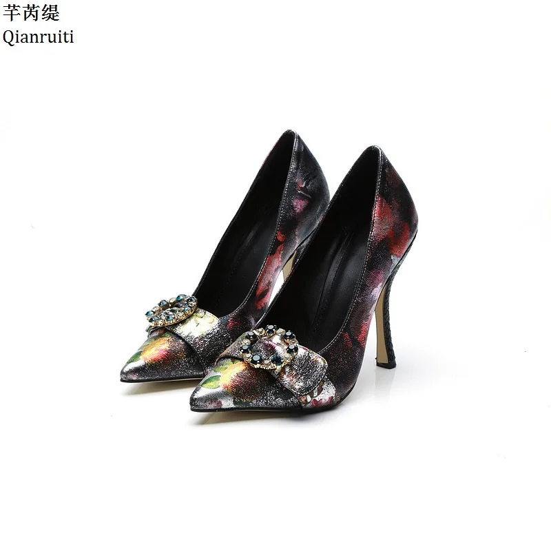 

Qianruiti Printing Leather Stiletto Heels Women Pumps Studded Crystal Buckle High Heels Wedding Shoes Pointed Toe Women Shoes