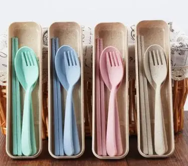 

Hoomall 3PCS/Set Wheat Cutlery With Box Straw Portable Travel Dinner Sets For Students Kithen Tableware Dining Appliance Set