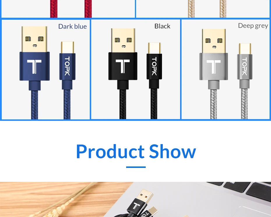 TOPK нейлоновый Кабель с разъемом usb-c для быстрой зарядки Тип C кабель для samsung Galaxy S9 S8 Note 9 8 Xiaomi huawei синхронизации данных Тип-C телефонный кабель