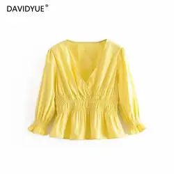 Винтаж boho рукав «фонарик» блузка, женские рубашки 2019 Летние повседневные Желтые Женские топы корейская модная одежда уличная blusas