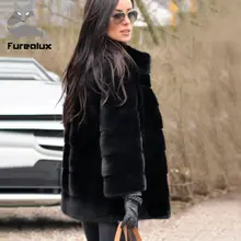 Furealux стиль модные пальто с мехом натурального меха норки Стенд воротник хорошее качество норковая шуба Для женщин натуральное черное пальто из mlnk