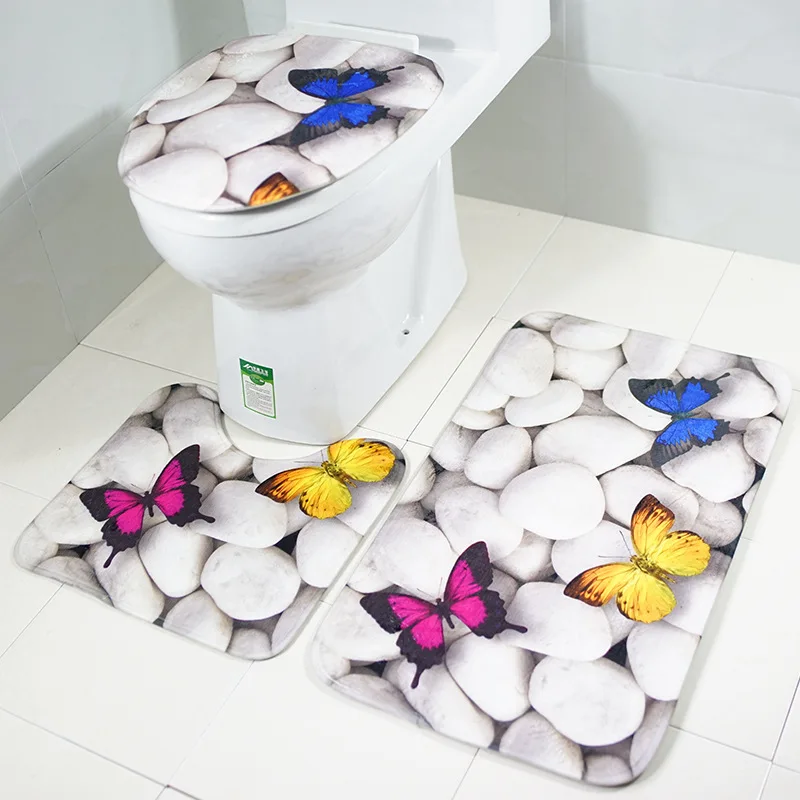 

Toilet Seat Cover 3PC Colorful Butterfly Stone Toilet Mat Set Pebble Butterfly Bathroom Toilet Cover Floor Rugs Cushion Tools