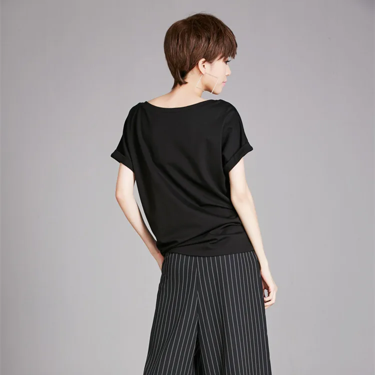 Tshirt European Split Women Style Ac8150 Shirt Summer Black Tee Slash Loose Asymsay Pleated Solid Irregular Joint Neck Tops AZqdCZvw