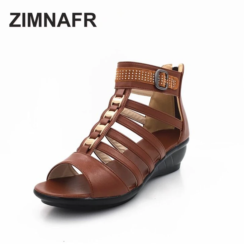 ZIMNAFR BRAND 2017 summer genuine leather Roman women sandals flat zipper casual cowhide open toe large yards female sandals