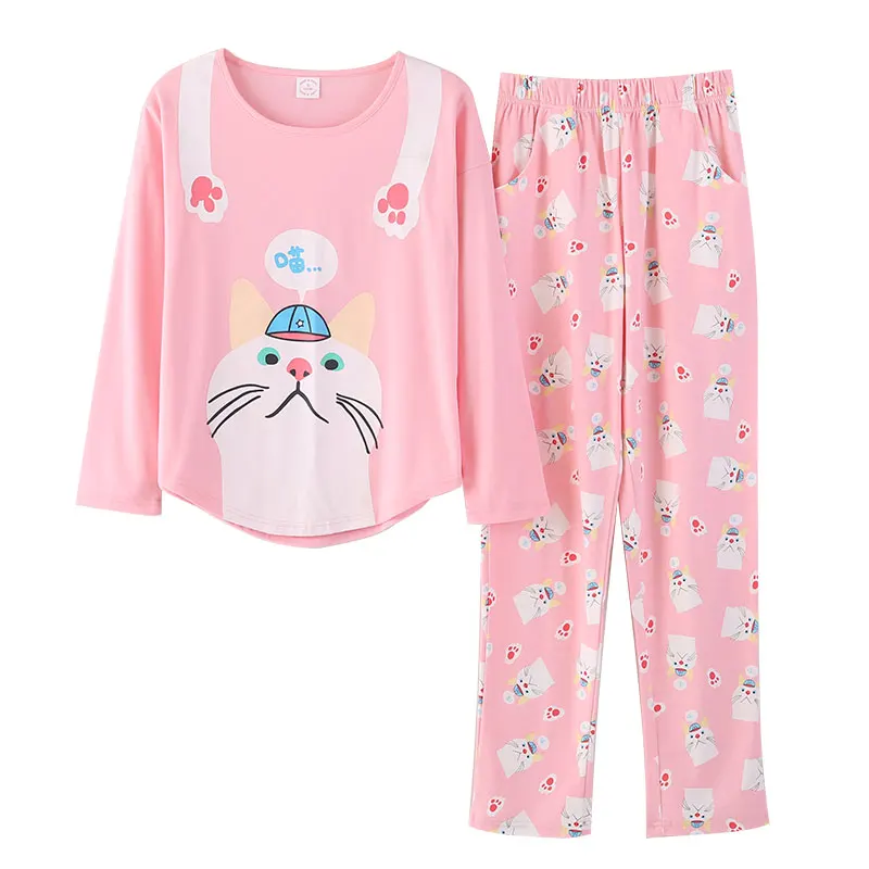 Cute Cat Top + Cat Print Pant Pajamas Sets Cotton Nightwear Big Yards M