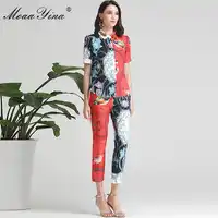 MoaaYina Mode Designer Set Sommer Frauen kurzarm mandarin ente Perlen Druck Hemd Tops + Bleistift hosen Zwei-stück anzug