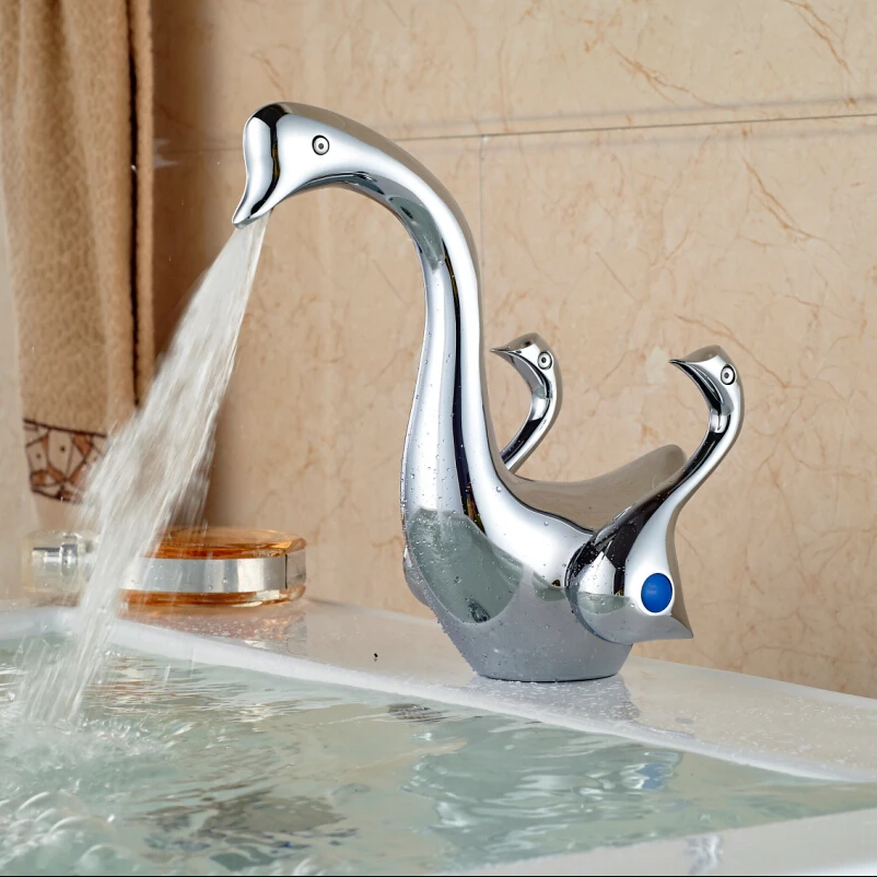 Cute Goose Shape Basin Vessel Sink Faucet Dual Win...