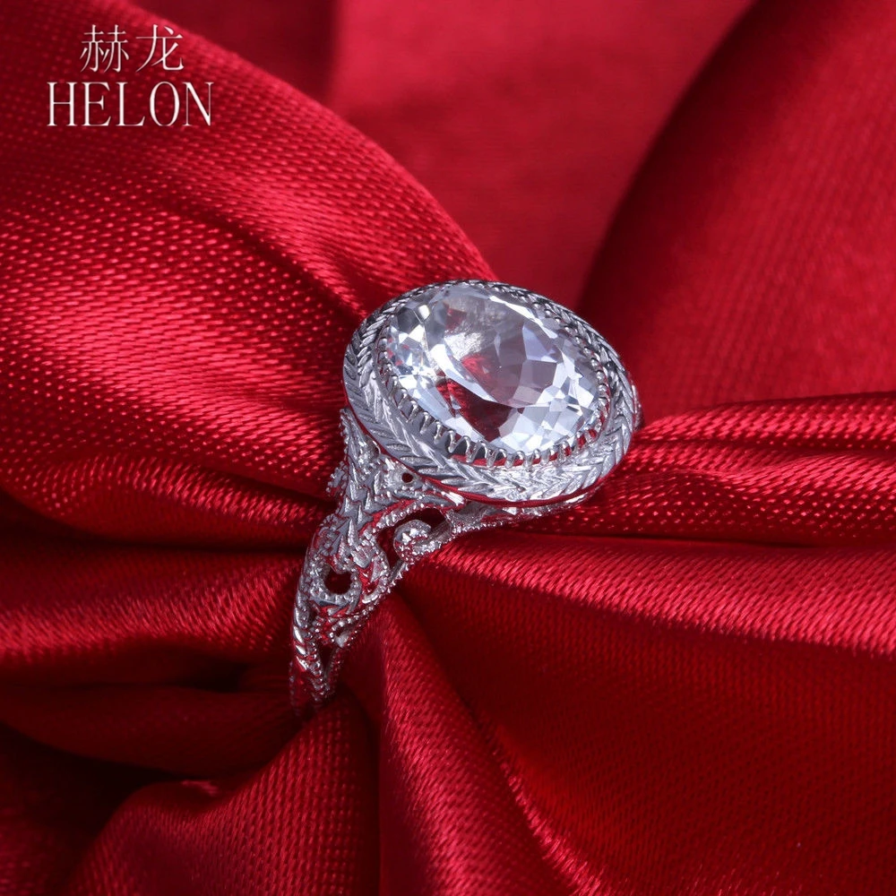 HELON 2.83ct натуральный белый топаз Овальной Огранки 10x8 мм Стерлинговое Серебро 925 Винтажный арт-деко драгоценный камень Помолвочное Драгоценное кольцо