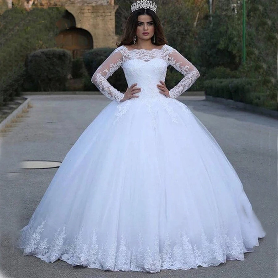 

Vintage Ball Gown Wedding Dress 2019 Princess Style Long Sleeve Lace Appliques Bride Dress Custom Made Wedding Gowns