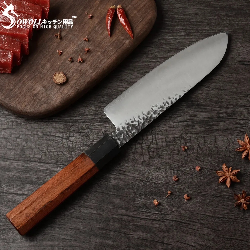 SOWOLL ручной работы кованый кухонный нож из дамасской стали японский разделочный нож Santoku очень острое лезвие с деревянной ручкой Vg10 Дамаск