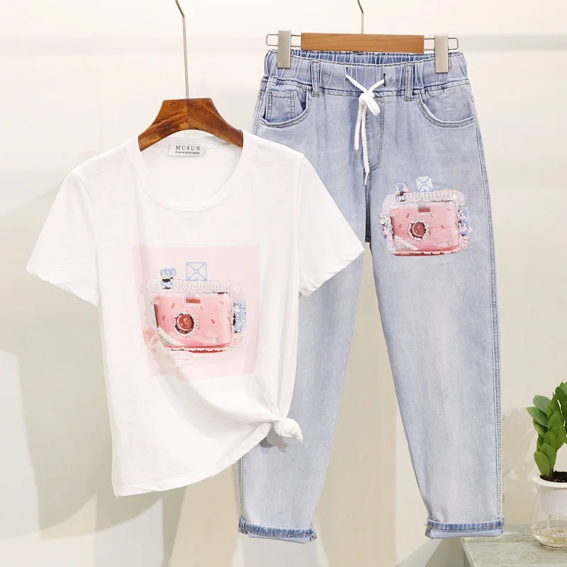 

Spring Summer New Fashion Sequin Beading Print T-shirt Denim Pants Women Set Cotton Tee shirt Casual Jeans Pants Two Piece Suit