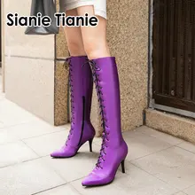Sianie Tianie/ г. Новые пикантные женские сапоги на высоком тонком каблуке со шнуровкой и шнуровкой женские сапоги до колена из глянцевого атласа и искусственной кожи фиолетового цвета