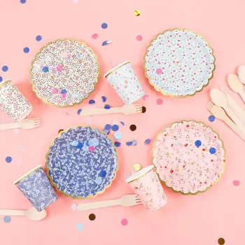 

Retrol Flower Paper Plates Cups Birthday&Wedding Garden Party Decoration For 10 Packs Disposable Tableware Set Party Supplies