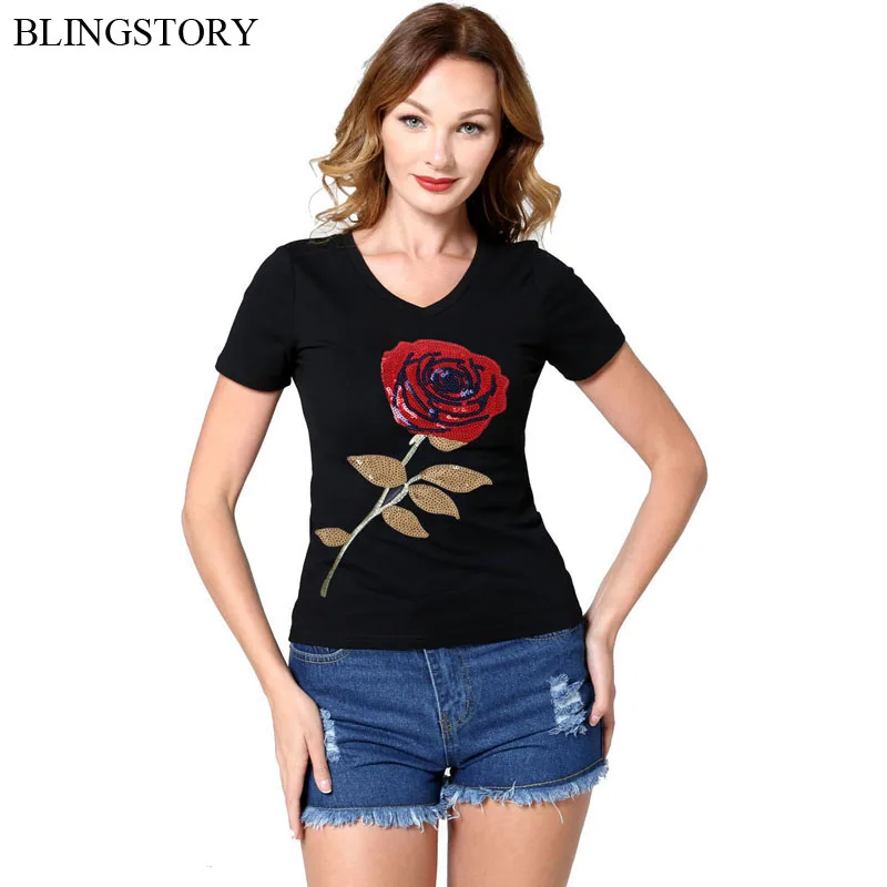 BLINGSTORY размера плюс хлопок с короткими рукавами треугольным вырезом Camisetas Mujer