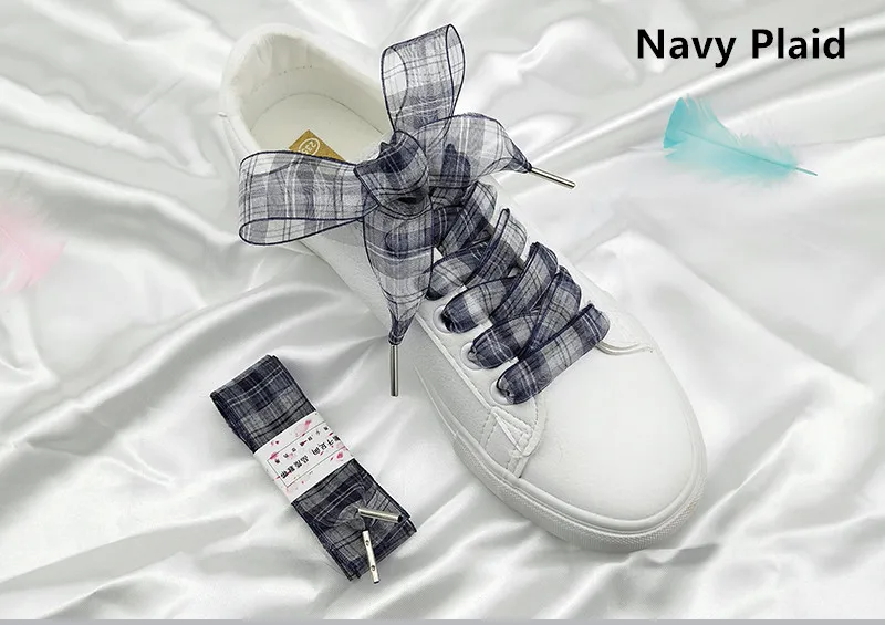 Винтажная органза шотландская клетка шифоновые шнурки 2,5 см ширина женские и мужские цветные кожаные спортивные повседневные туфли Шнурки Прямая поставка - Цвет: Navy Plaid