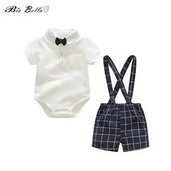 Новорожденных комплекты для мальчиков летние хлопковые детские боди + клетчатые шорты на подтяжках 3-24 м комплект для малышей с бантом