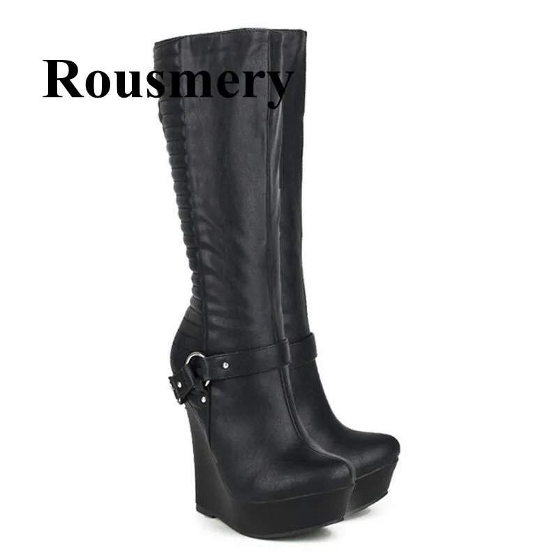 

Autumn and Winter Mid-Calf Belt Metal Chain Wedges Platform High Heel Side Zipper Fashion Women Boots