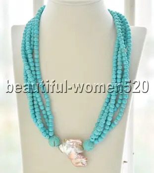 

Z7851 5Strands blue round stone bead pink keshi pearl Necklace 20inch