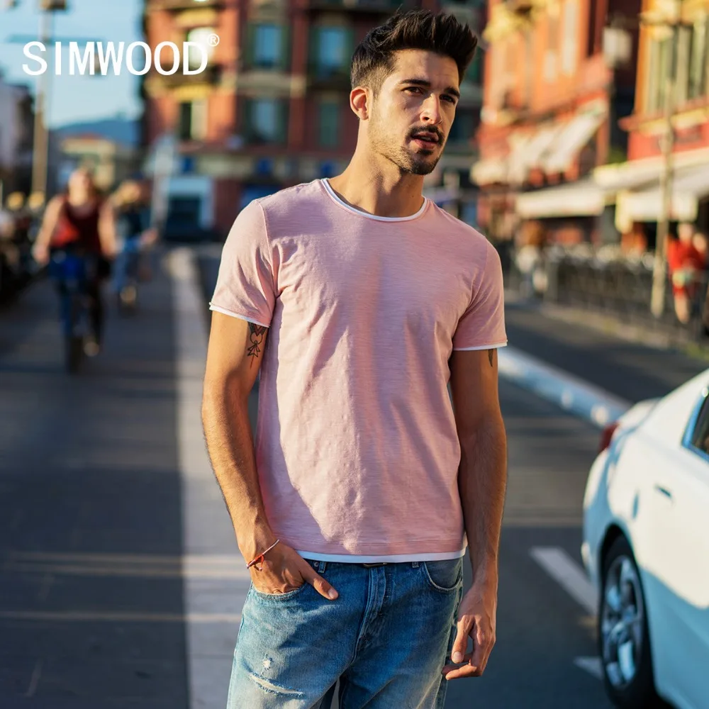 

SIMWOOD 2018 Summer New Fake Double Layered T Shirt Men Short Sleeve Contrast color Tshirt 100% Cotton Tops Fashion Tees 180248