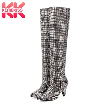 

KemeKiss Women Thigh High Boots 2020 New Fashion Autumn Winter Crystal Shoes Daily Over Knee Boots Spike Heels Botas Size 36-41