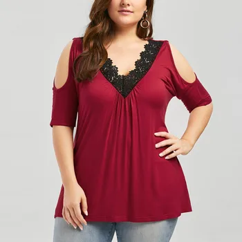 2019 Plus Size Women Lace Trim V Neck Loose Cold Shoulder Blouses Tops Summer Top Casual Short Sleeve Blouse Female Shirt Blusa cold shoulder flowing blouse with lace trim