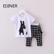 Новинка года, летняя одежда для мальчиков детская одежда с кроликом для мальчиков, комплект одежды для маленьких мальчиков, футболки с коротким рукавом+ клетчатые штаны