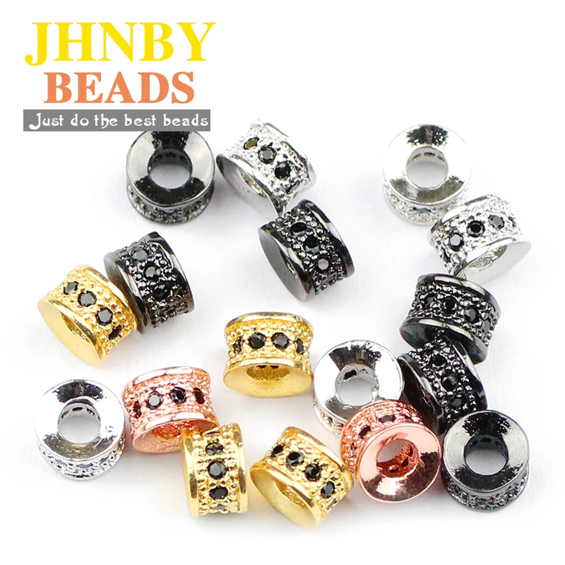 

JHNBY 4pcs Copper Spacer beads 6mm flat Round cylinder Black zircon Pave CZ Charms Loose beads for Jewelry bracelet making DIY